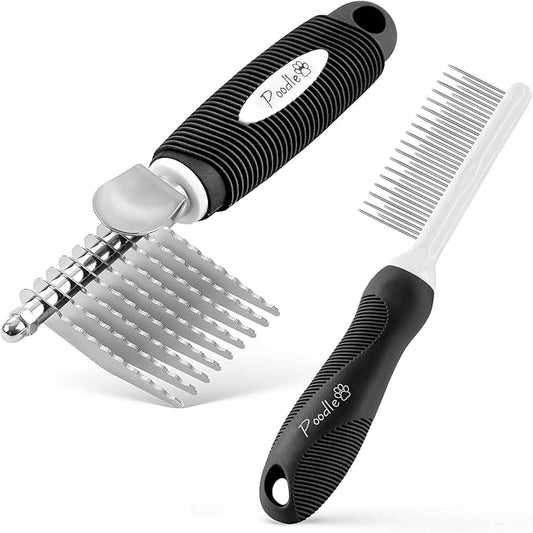 Poodle Pet Bundle - Dematting Fur Rake Comb Brush Tool with Steel Safety Blades and Detangling Pet Comb with Long and Short Stainless Steel Teeth for Detangling Matted or Knotted Undercoat Hair (Black