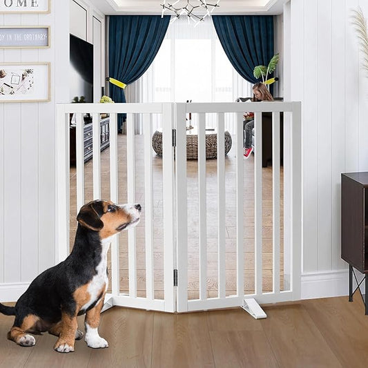 Dog Gate Indoor, Freestanding Dog Fence for The House, Doorways, Hallways,or Stairs,Pet Gate Foldable Wooden,Expandable 32" Height 2 Panels,White