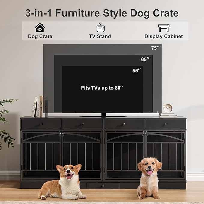 IDEALHOUSE 78.7" Double Dog Crate Furniture with Storage and 4 Doors, Dog Kennel Indoor with Feeding Bowls, Wood Dog Crate TV Stand for Small Medium Dogs, Black