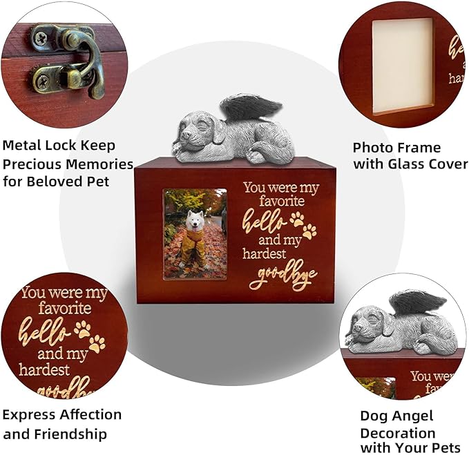 Dog Urn - Red Wooden Urns for Ashes Cremation Urn Box Keepsake Comes with Dog Angel