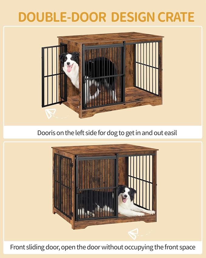 XL Large Dog Crate Furniture, 44.1" Indoor Dog Kennel Furniture with Barn Door, Wooden Tall Dog Crate, Heavy Duty Dog Cage for Large Dogs, Side End Table, Anti-Chew, Rustic Brown DFC80101B