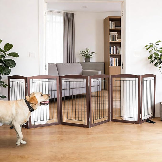 Dog Fence Indoor,Dog Gate Indoor for Doorway pet gate -6-Panel Freestanding, Hallways, House or Stairs -120x32-Inch Retractable Foldable Expandable Wood Pet by SFJC (Brown) ﻿