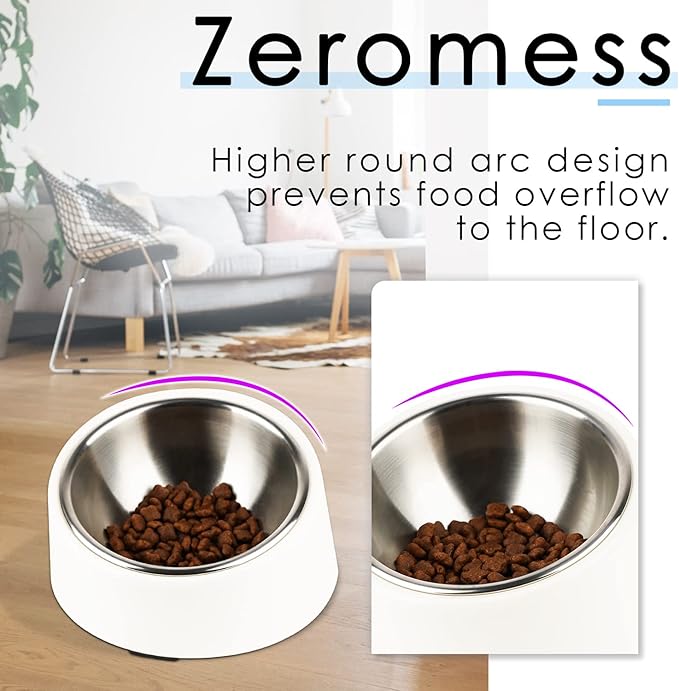 SuperDesign Mess Free 15° Slanted Bowl for Dogs and Cats, Tilted Angle Bulldog Bowl Dog Feeder, Non-Skid & Non-Spill, Easier to Reach Food M/1 Cup White