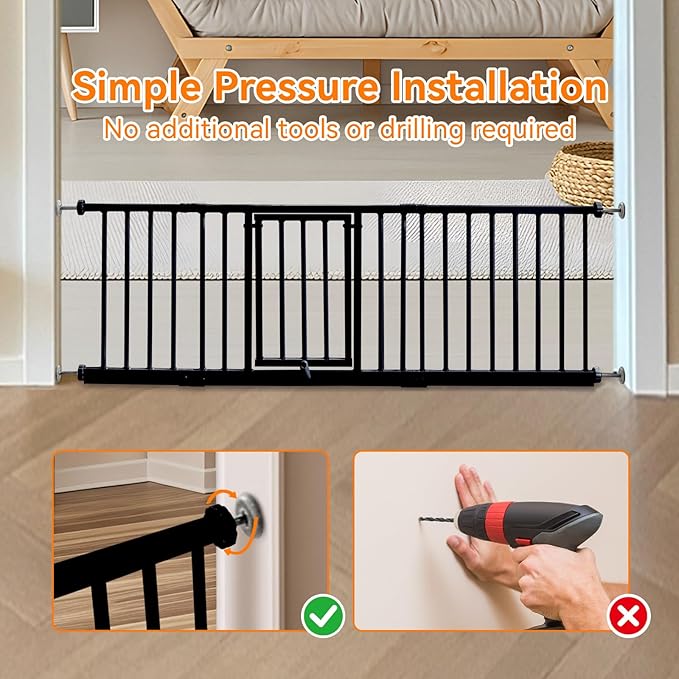 10" Height Short Dog Gate Adjustable18-48 Extra Wide Dog Gate with Small Cat Door,Pet Gate with 4 Extension Kits Pressure Mounted for Doorways & Stairs (Black, 10" Height)