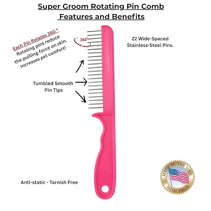 Super-Groom Combs with Smooth Rotating Teeth for Painless Mat Removal (French Rose Pink, 30 Fine-spaced Teeth)