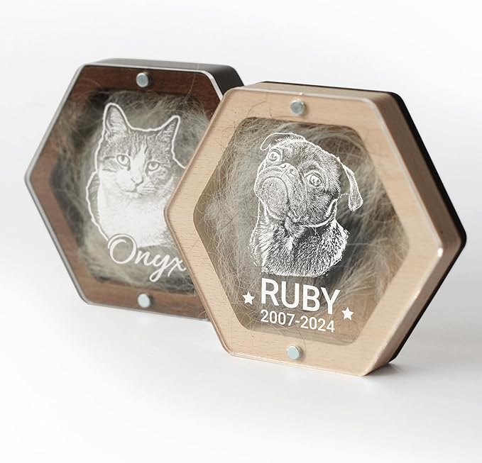 Personalized Pet Hair Keepsake Box for Dog and Cat Fur - Engraved Wood Memorial Box - Unique Customized Gift for Loss of Furry Friend Wooden (Dark Diamand Clear Lid, With Photo)