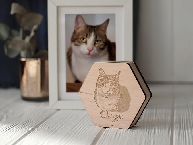 Personalized Pet Hair Keepsake Box for Dog and Cat Fur - Engraved Wood Memorial Box - Unique Customized Gift for Loss of Furry Friend Wooden (Light Diamand Wood Lid, With Photo)