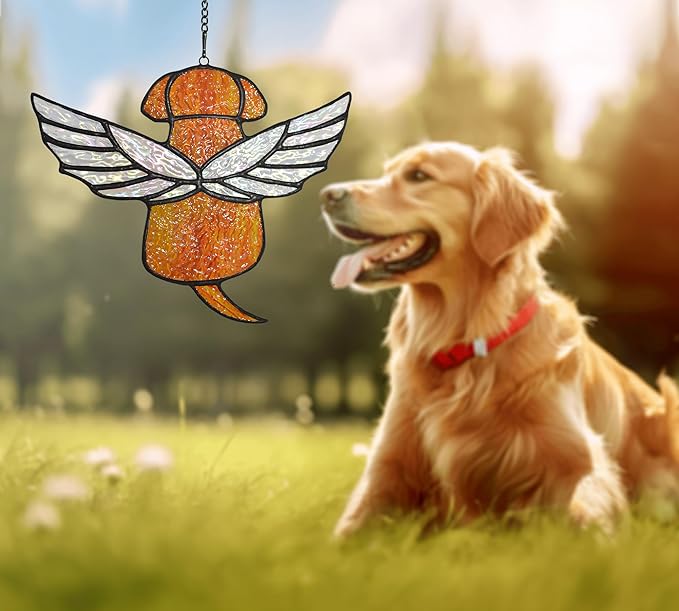 Stained Glass Angel Rainbow Wing Memorial for Loss of Dog, Dog Bereavement Gift (Orange)