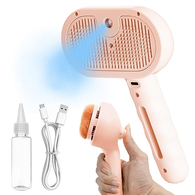 Dog Steam Brush 3-in-1 Spray Bath Brush for Dog and Cat, Pet Hair Removal Comb for Long & Short Haired Pets, Self Cleaning Grooming Brush Can Help to Comb a Pet's Fur and Remove Fleas Pink
