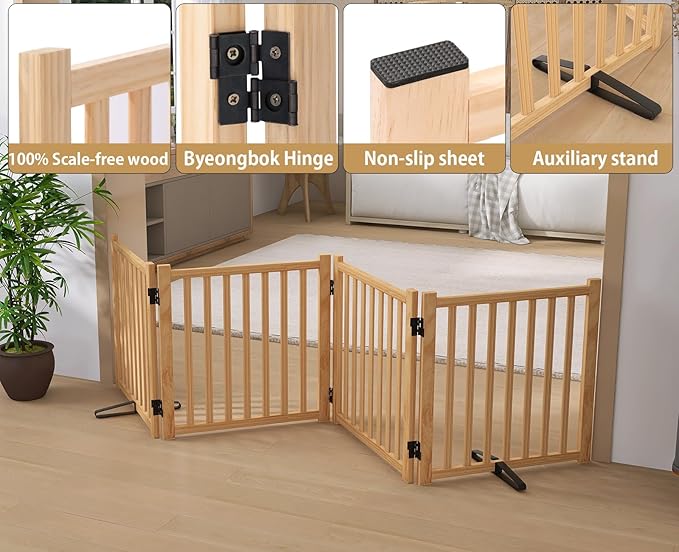 Solid Wood Freestanding Pet Gate,Nature Wood Dog Gates for Doorways The House,Pet Gate for Stairs,Freestanding Indoor Gate Safety Fence,23" Height-4 Panels