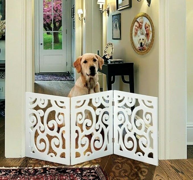 Safety Pet Gate for Dogs – Free-Standing & Foldable - Decorative Scroll Wooden Fence Barrier – Stairs & Doorways (White)