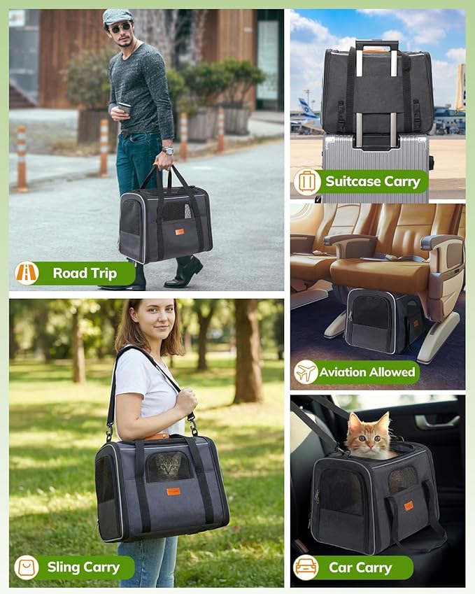 Morpilot Cat Carrier - Cat Carrier Soft for Medium or Large Cats up to 20lbs, with Dual-Sided Cushion, Secure Buckle and Foldable Bowl, Dog Carriers for Small Dogs - Pet Carrier (Dark Gray)