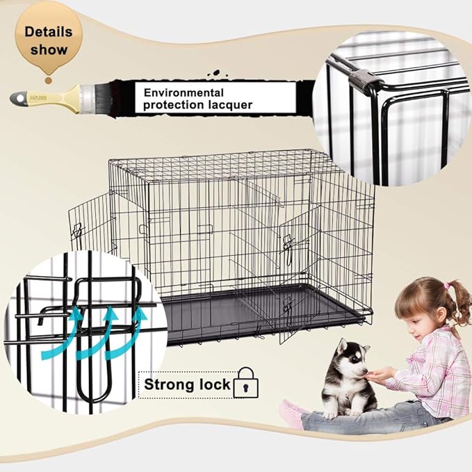 Dog Crate Kennel Pet Cage for Large Medium Dogs Travel Metal Double-Door Folding Indoor Outdoor Puppy Playpen with Divider and Handle Plastic Tray,48 42 36 30 24 inches (36" Dog Cage)
