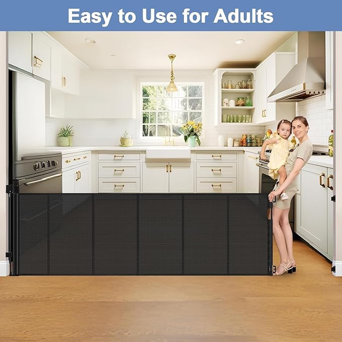 Reinforced 150 Inch Extra Wide Retractable Dog Gates for Doorways, Stop Babies and Dogs from Crawling Under, Extra Wide Baby Gates for Large Openings, Mesh Baby Gate Retractable Pet Gate Outdoor Black