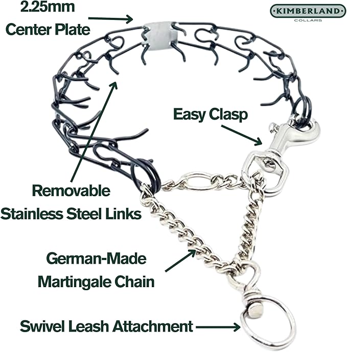 Clasp 2.25mm Stainless Dog Training Collar for Large Breeds | 16” Prong Collar for Dogs 26lbs & Up | No-Pull Collar | Behavior Aid | Black