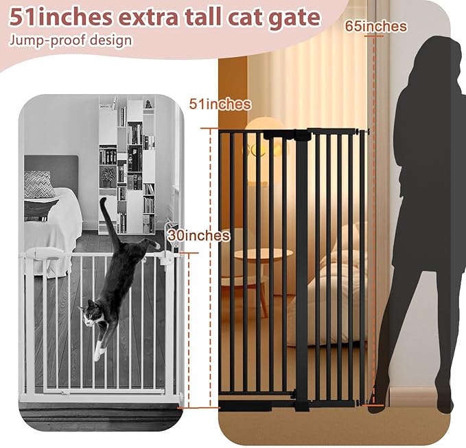 51'' Extra Tall Cat Gate Barrier for Doorways Hallways, Pressure Mounted Pet Dog Gates Ajustable Auto Close, Cat Fence Indoor Climb Proof 30-33'' Wide (Black)