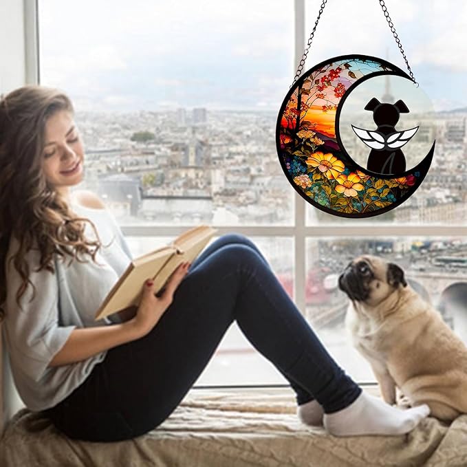 Dog Memorial Gifts for Loss of Dog Suncatcher, Black Angel Dog on Sunset Moon Dog Beverage Glass Ornaments Decor Window Wall Sympathy Gift for Dog Lover