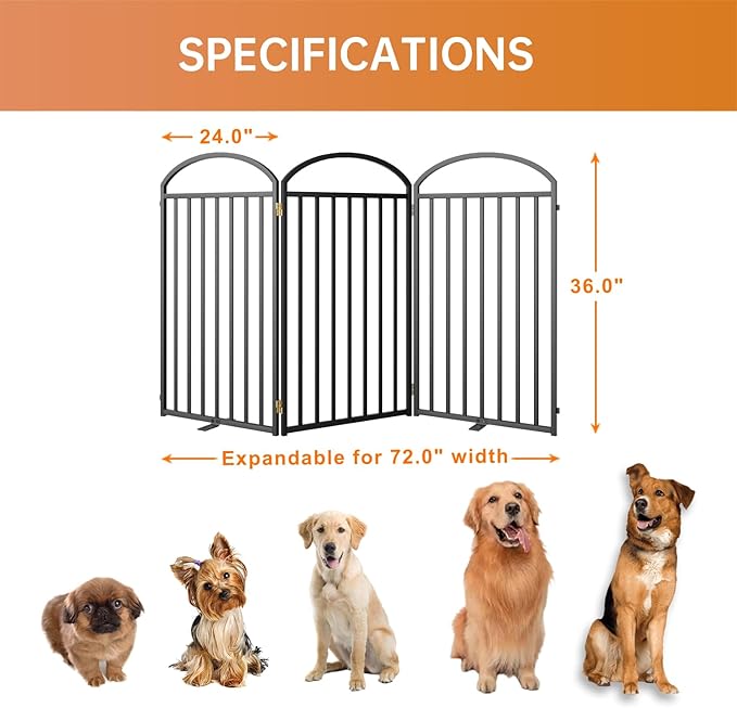3 Panels Full Matel Freestanding Dog Gates, 72" Extra Wide 36" Tall Free Standing Dog Pet Gate for Indoor & Outdoor. Foldable Pet Fences for Doorways, House, Stairs, Porch, Deck, Yard