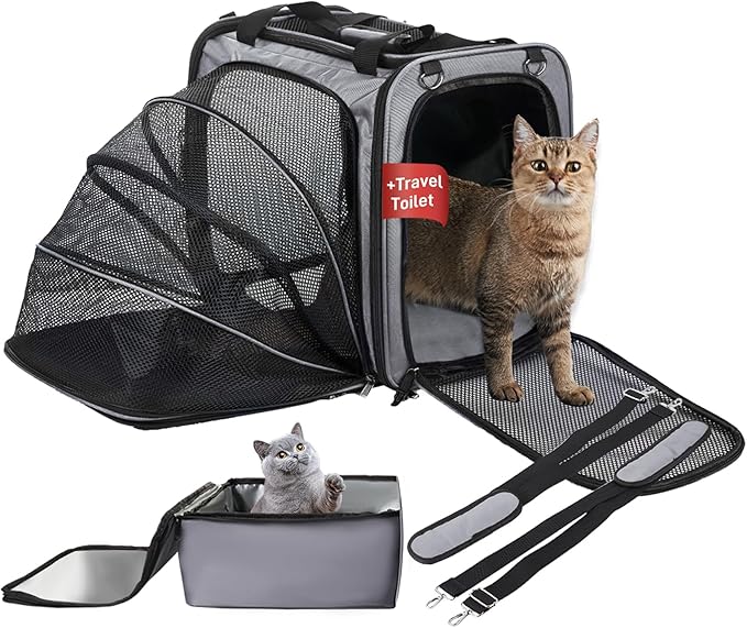 Cat Carrier with Litter Box for Large Cats, Expandable Cat Carrier for Car Travel Long Distance, Dog Carrier for Pets up to 20 lbs, Gray