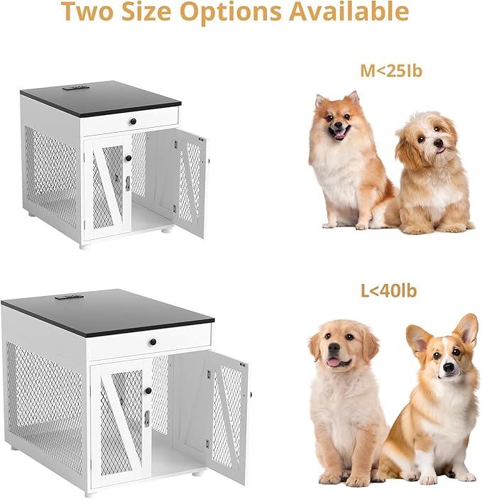 VOWNER Dog Crate Furniture, Wooden Dog Kennel End Table with USB Charging Station, Storage Drawer, Double Latched Door, Furniture-Style Crate Side Table for Small Dogs Under 25 lbs Indoor Use, White