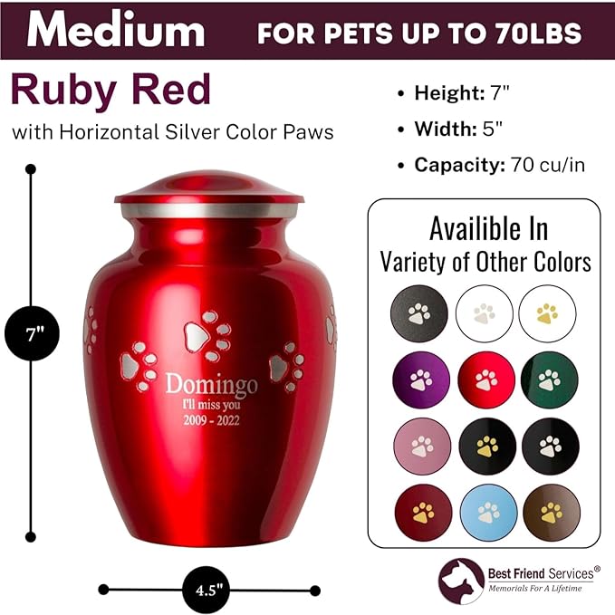 Ottillie Paws Premier Series Pet Urn for Dogs with Personalized Laser Engraving (Medium - Pets up to 65 lbs, Ruby Red with Horizontal Pewter Paws)