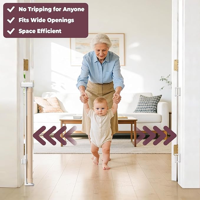 2Pack Retractable Baby Gates for Stairs, 58" Extra Wide Mesh Dog Gate for Doorways, Home Saftey Gate for Child Toddler Pet, Indoor and Outdoor Use, Easy Install, 34" Height, Beige