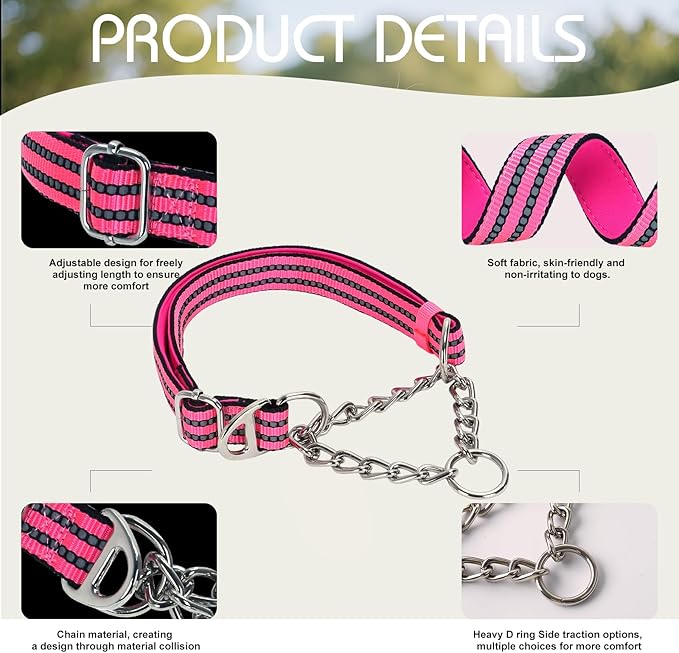 Reflective Martingale Dog Collar with Chain,No-Pull Dog Collar,Choke Dog Collar for Medium to Extra Large Dogs for Training, Walking, Hunting (Pink M)