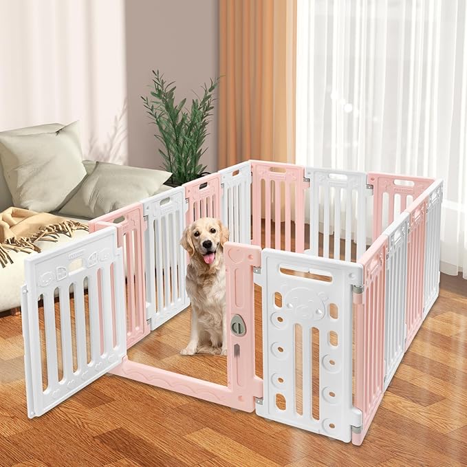 Dog Playpen with Door, 12 Panels Pet Safety Fence Foldable Puppy Pen Indoor Dog Fence, Plastics Enclosure Dog Pen Indoor for Small Dogs and Cats, Easy Assemble (Pink)
