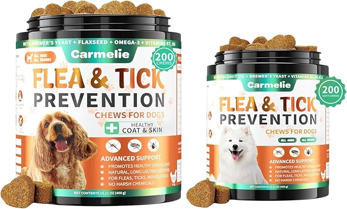 Dual Flea Chews Bundle for Dogs - 200 Each - Natural Flea & Tick Prevention with Skin & Coat Support + Daily Flea Chews for All Breeds - Chicken Flavor Combo