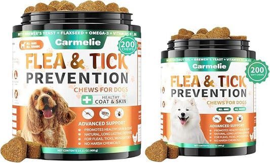 Dual Flea Chews Bundle for Dogs - 200 Each - Natural Flea & Tick Prevention with Skin & Coat Support + Daily Flea Chews for All Breeds - Chicken Flavor Combo