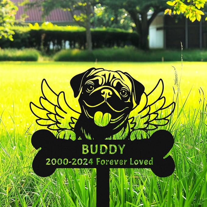 Personalized Pug Dog Memorial Stake, Custom Name Engraved Metal Sign, Wings Pet Memorial Gift, Customized Dog Tombstone Headstone Garden Decor, 8-24 Inches