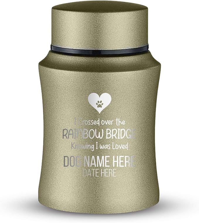 Customized Small Keepsake Urn Personalized Engraved with Pet Name, Date, and Dog Design - 4" Powder Coated Cremation Mini Compact Urn for Dogs Ashes | 5–10 Lbs Capacity | Washed Gold, Rainbow Bridge