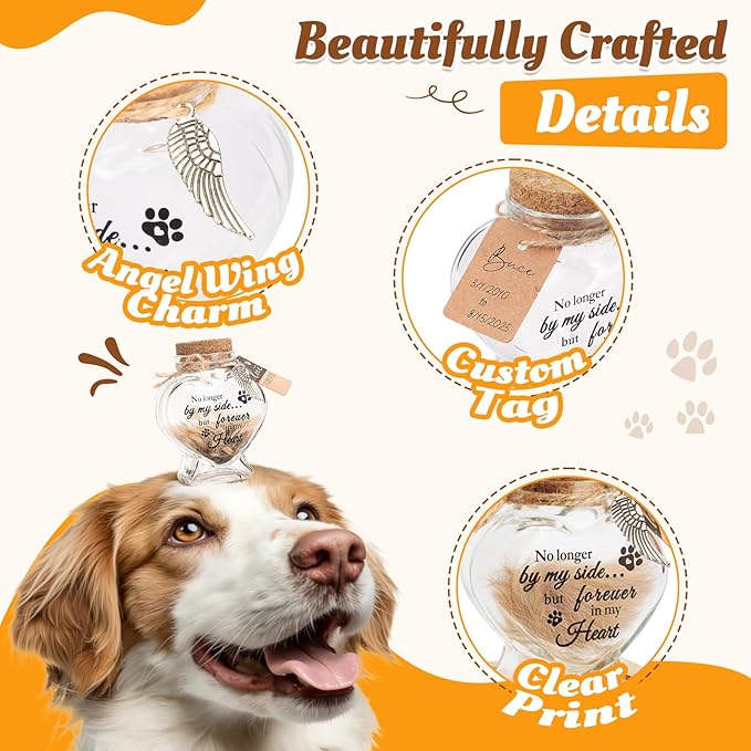 Pet Fur Keepsake Jar-Pet Memorial Gift for Loss of Dog or Cat, Heart-Shaped Glass Pet Hair Keepsake Bottle, Dog Fur Keepsake & Cat Fur Keepsake, Printed Quote Forever in My Heart”