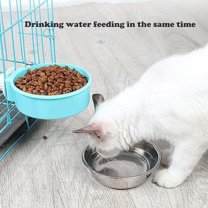 Love Dream Crate Dog Cat Bowls, Removable Stainless Steel Hanging Pet Cage Bowls Kennel, Food Water Feeder with Bolt for Puppy Rabbits Birds 2 Pack with Silicone Sponge Dish Brush