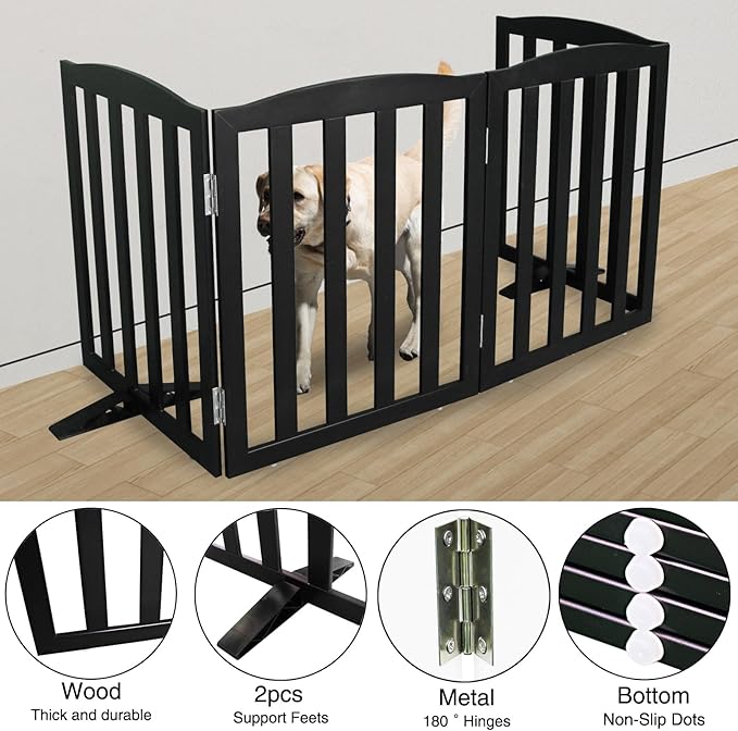 Freestanding Dog Gate Indoor,Doggie Gate Foldable Pet Gates for Doorways,Stairs or Hallways, Wooden Black Pet Gate for the House, Pet Fence with Support Feet Included,32 "Height-4 Panels