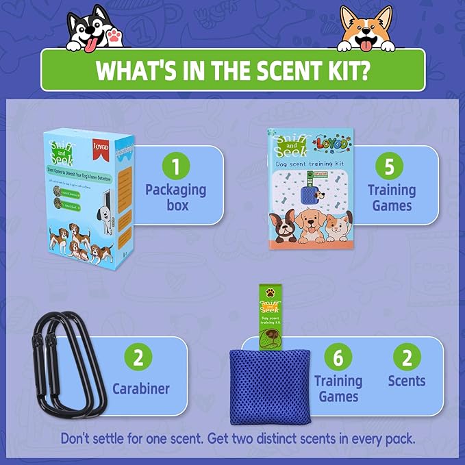 Dog Scent Training Kit – Fun Nosework Brain Games for Dogs – Encourage Calmness, Build Bond, All Ages & Breeds – 6 Scent Pouches with Fennel & Rosemary, Snap Hooks & Step-by-Step Training Guide