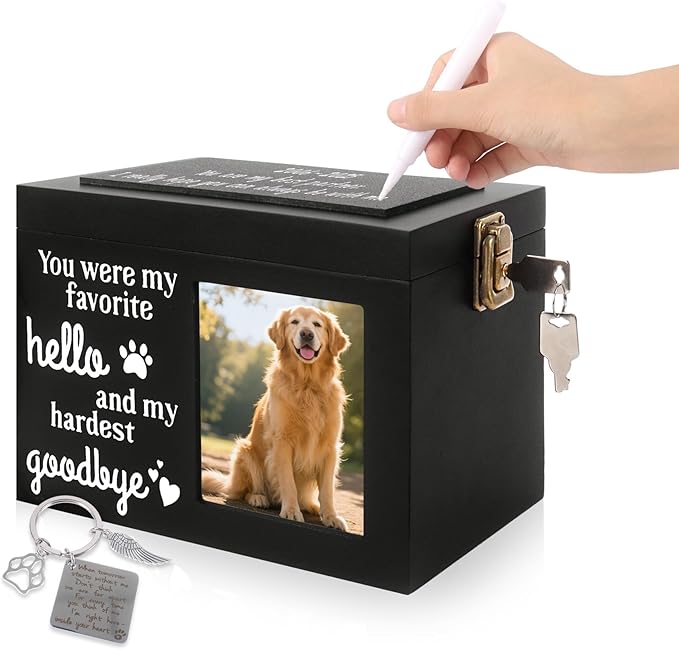 Memorial Pet Urn for Dog Ashes, Wooden Pet Keepsake Box with Photo Frame, Flannel Bag & Keychain, Sympathy Gift for Pet Loss (Medium 7.9x5.9x5.5in)