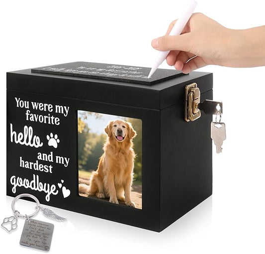 Memorial Pet Urn for Dog Ashes, Wooden Pet Keepsake Box with Photo Frame, Flannel Bag & Keychain, Sympathy Gift for Pet Loss (Medium 7.9x5.9x5.5in)
