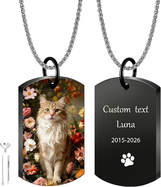 QYH Personalized Dog Ashes Necklace – Custom Pet Ashes Necklace with Photo Text, Keepsake for Dog Loss (Black-UV-2)