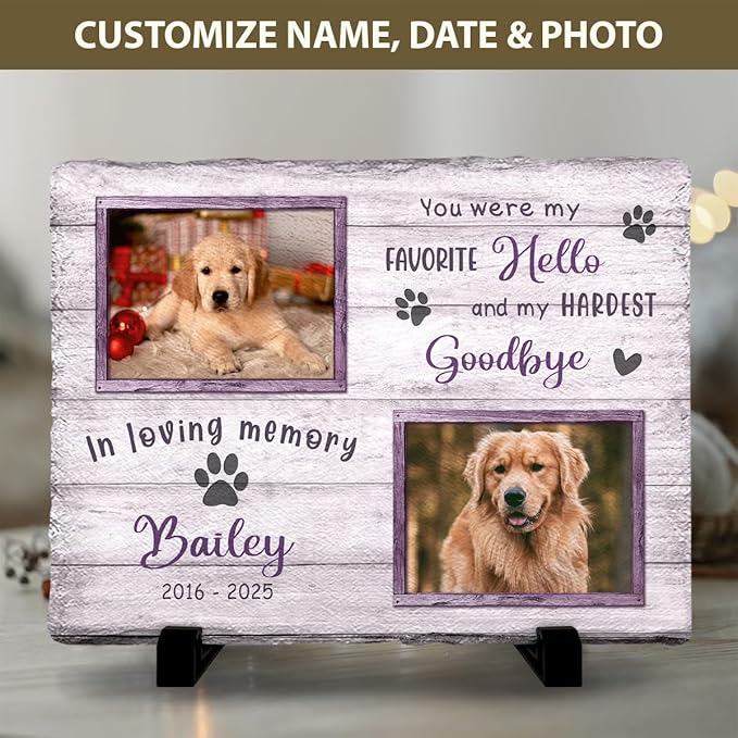 Dog Memorial Stone - Personalized Background Variable Stones for Loss of Dogs - Favorite Hello & Hardest Goodbye - Sympathy Gift, Bereavement Garden Décor for Pet Lovers