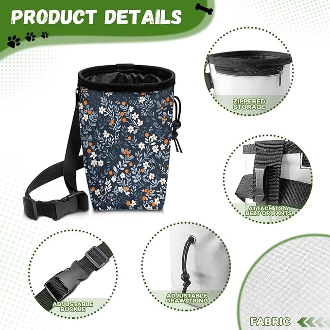 Floral Pattern Pet Treat Pouch Portable Training Treat Bag Dog Food Dispenser Pet Feed Snack Reward Bait Bag Behavior Aids for Puppy Travel or Outdoor Use