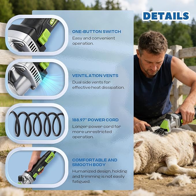 Sheep Shears Electric 850W 2400RPM Professional Heavy Duty Shearing Clipper with 6 Speed, for Shaving Fur Wool in Sheep, Goat, Cattle, and Other Farm Livestock Pet with Carrying Case (Size: 13.8*3.6")