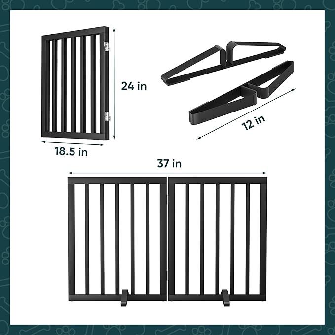 Semiocthome Bamboo Dog Gates Indoor 2-Panel Freestanding Puppy Gates for The House with 2 Metal Stands 24" H Folding Wood Pet Gate for Stairs Doorway, Fully Assembled Safety Fence - Black