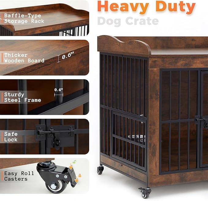 42" Furniture Dog Crates for Medium/Large Dogs, Wooden & Steel Decorative Dog Kennel Furniture with Storage Platform, Indoor Pet House Cage End Tables, TV Stands, Rustic Brown