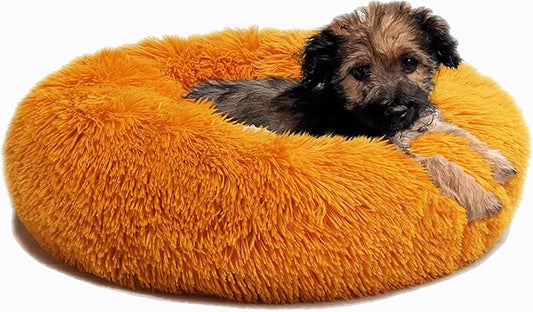 Calming Donut Dogs Beds for Small Dogs Washable,19inch Fluffy Round Puppy Bed for Puppies,Cats & Toy Breeds with Raised Rim,Fits up to 15 lbs Pets,Orange