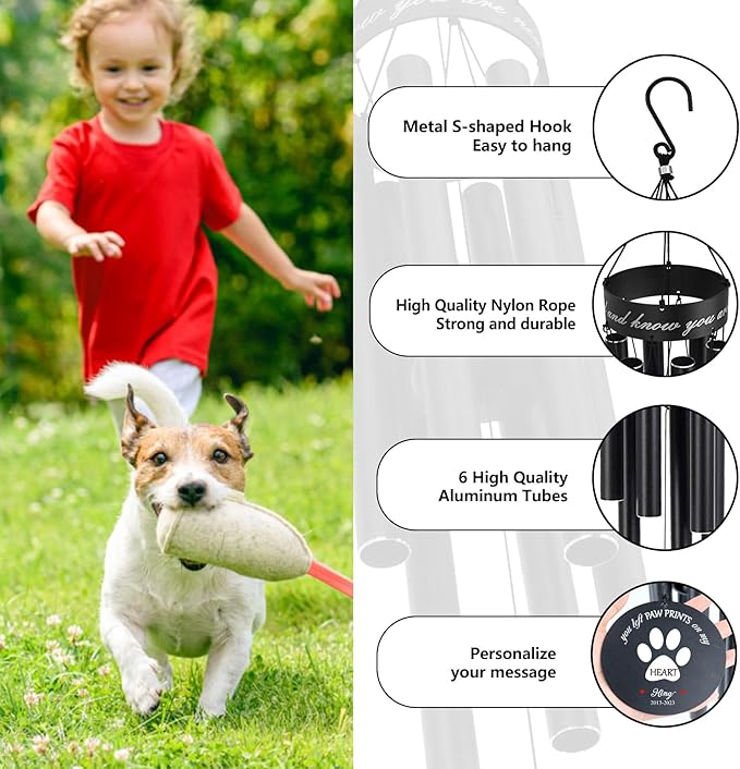 Personalized Pet Memorial Gifts for Dogs, Produced in USA 30 inch Pet Dog Memorial Wind Chimes with Picture, Bereavement Gifts for who loss of Pet Dog Cat, in Memory of Pets Wind Chimes, Sympathy Gift