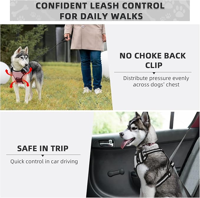 No Pull Dog Harness with A Free Heavy Duty 5ft Dog Leash, Adjustable Soft Padded Dog Vest, Reflective No-Choke Pet Oxford Vest with Easy Control Handle and Dog Leash for Dogs (Grey, Large)