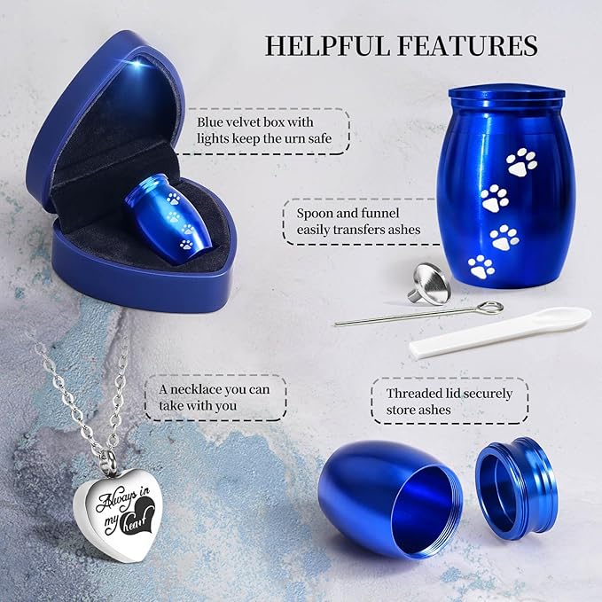 Small Pet Urns for Dogs Ashes, Mini Cat Urn for Ashes Keepsake, Tiny Cremation Animal Memorial Necklace ERN Earns Urnas Loss of Dog Cat Gifts, Pet Paw Print Urn - Heart Box with Blue Light