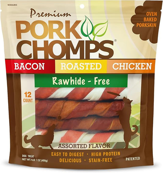 Pork Chomps Baked Pork Skin Dog Chews, 6 Inch Twists, 12 Count - Assorted Flavors - Long-Lasting Treats for Dogs - High Protein, Rawhide-Free, Low Fat, Healthy & Delicious Chews