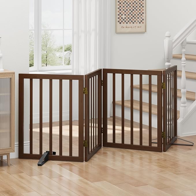 Dog Gates for Doorways, Freestanding Foldable Dog Gate Indoor, Pet Gates for Doorways Bedroom, Puppy Gate with Metal Support Feet, 4 Panels (Rustic tan)